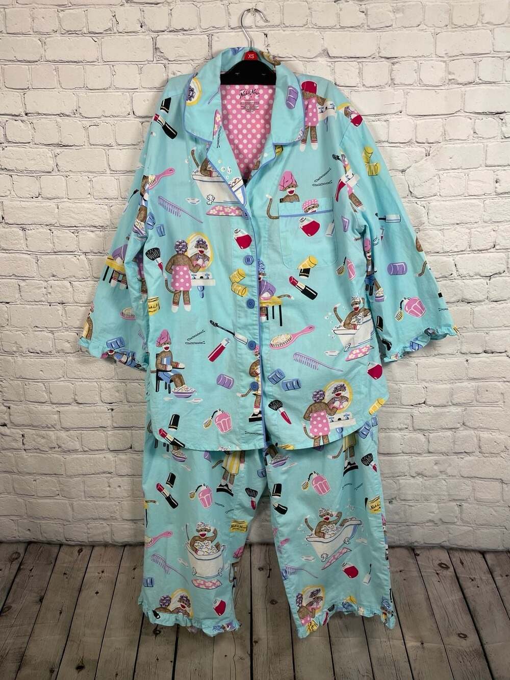 Nick & Nora Sock Monkey Spa Day 100% Cotton Pajama Set Size L